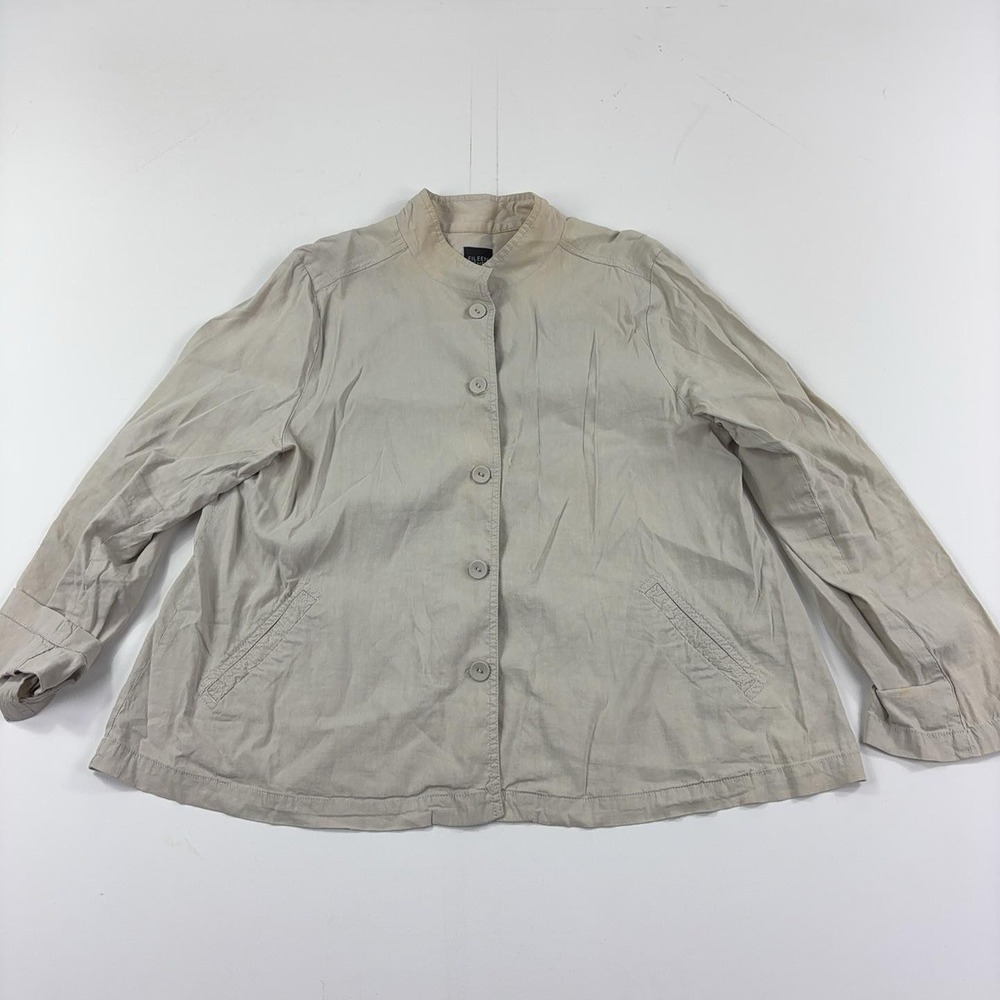 Eileen Fisher Jacket Womens XL Beige Linen Button Front Stand Collar Relaxed Fit